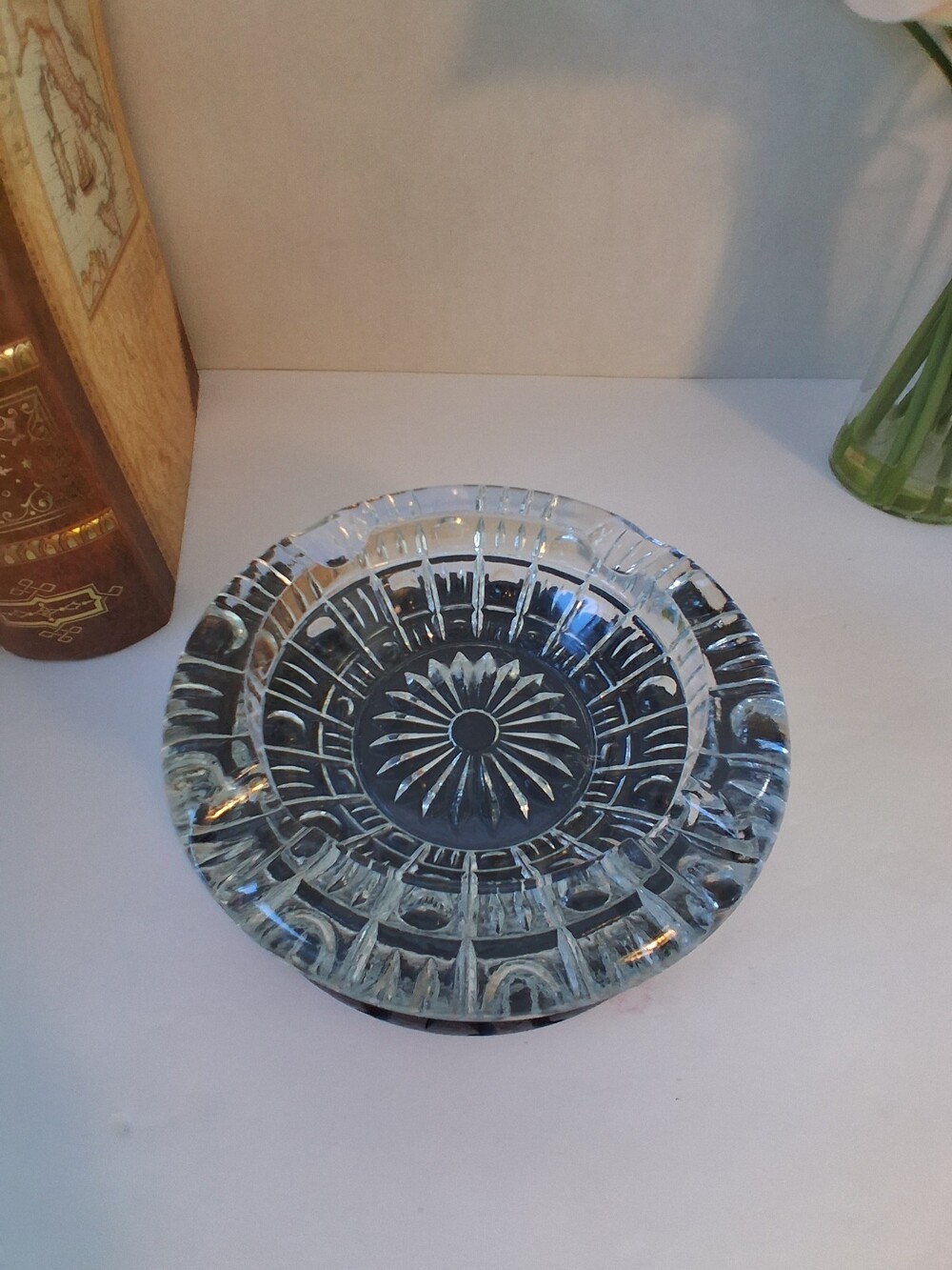 Vintage Lead Crystal Starburst Cut 6.5” Cigar Cigarette Ashtray Heavy MCM Design
